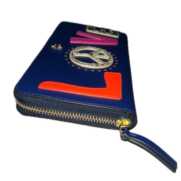 Tory Burch Peace Zip Continental Leather Wallet Navy Sea Retro Love Design - Picture 4 of 12